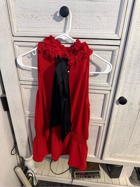 New York & Company Red Ruffled Halter Blouse with Black Tie
